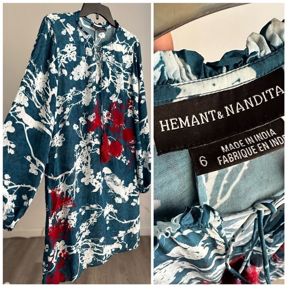 Hemant & Nandita size 6 Floral Dress Teal Birds Print Tassels - Picture 3 of 6